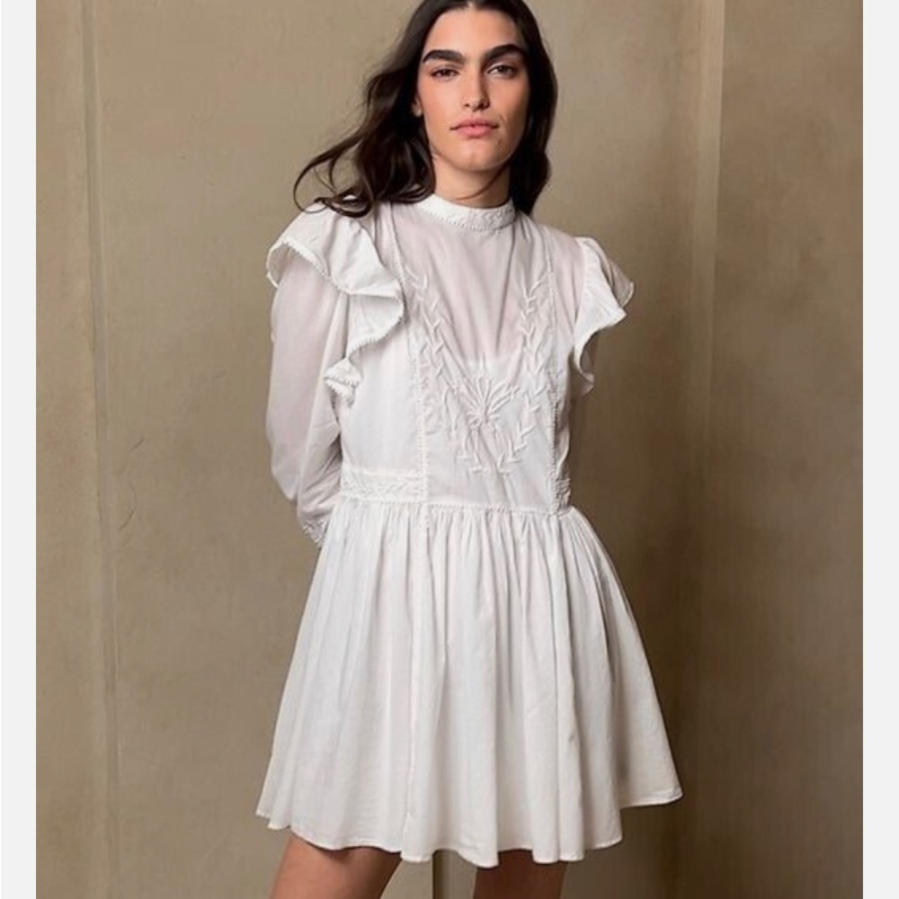 Banana Republic White Esme Embroidered Coquette Long Sleeve Mini Dress